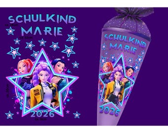 Bügelbild, ausschneiden & aufbügeln, A4 Set, Einschulung, Schulkind, Schultüte, Kinder, Mädchen, Huntrix, K-Pop, Hunter, DIY, DTF, KI