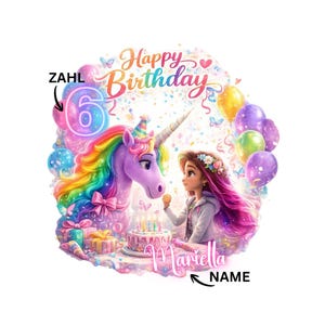 Könnte beinhalten: Eine farbenfrohe Illustration zum Thema Geburtstag mit einem Einhorn mit Regenbogenmähne und einem Mädchen mit rosa Haaren. Das Bild enthält Luftballons, einen Kuchen und die Texte "Happy Birthday" und "Mariella". Eine große Zahl 6 ist ebenfalls vorhanden.
