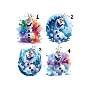 Könnte beinhalten: Vier Illustrationen der Schneemann-Figur Olaf. Nummer 1 zeigt einen farbenfrohen Aquarellhintergrund. Nummer 2 zeigt Olaf mit blauen Wellen und Schneeflocken. Nummer 3 stellt Olaf mit Eiskristallen dar. Nummer 4 zeigt Olaf mit einem Schal.