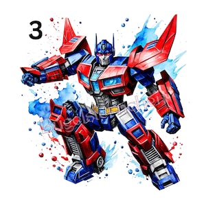 Könnte beinhalten: Aquarellillustration von Optimus Prime, einem roten, blauen und silbernen Roboter. Das Bild zeigt eine dynamische Pose mit blauen und roten Aquarellspritzern. Die Zahl "3" befindet sich in der oberen linken Ecke.