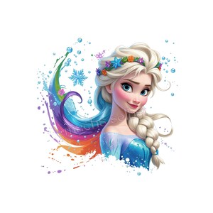 Könnte beinhalten: Eine digitale Illustration einer Figur mit platinblondem Haar in einem seitlichen Zopf, die einen Blumenkranz und ein blaues Kleid trägt. Die Figur ist umgeben von einem regenbogenfarbenen Farbspritzer, blauen Blasen und einer Schneeflocke.