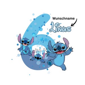 Könnte beinhalten: Blaues Grafikdesign mit der Zahl 6 und drei Stitch-Charakteren. Das Wort "Linus" ist in einer Schreibschrift geschrieben, darüber steht das Wort "Wunschname". Das Design befindet sich auf weißem Hintergrund.