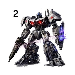 Könnte beinhalten: Detaillierte Illustration eines Roboters in Silber- und Grautönen. Der Roboter hat rot leuchtende Augen und hält in jeder Hand eine große Waffe. Die Zahl "2" ist oben links zu sehen.