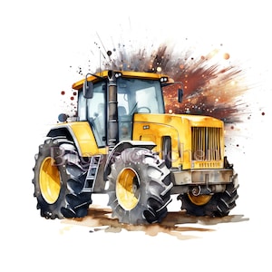 Könnte beinhalten: Aquarell-Illustration eines gelben Traktors mit großen schwarzen Reifen. Der Traktor hat eine Kabine mit Fenstern und einen Schornstein. Der Hintergrund zeigt einen abstrakten Ausbruch von Braun- und Goldtönen.