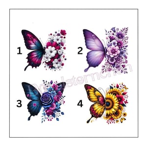 Könnte beinhalten: Vier Schmetterlingsdesigns mit floralen Akzenten. Jeder Schmetterling hat ein anderes Farbschema: Pink und Lila, Lila, Blau und Lila sowie Gelb und Rot. Zu den Blumen gehören Rosen, Gänseblümchen und Sonnenblumen.