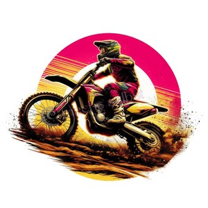 Könnte beinhalten: Illustration eines Motocross-Fahrers auf einem Dirtbike, vor einem pink-gelben Sonnenuntergang. Der Fahrer trägt Helm und Schutzkleidung. Das Motorrad wirbelt Staub auf, während es über das Gelände rast.