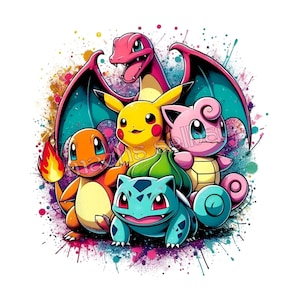 Könnte beinhalten: Eine farbenfrohe grafische Illustration mit fünf animierten Kreaturen: einem gelben Pikachu, einem orangefarbenen Glumanda mit Flammenschwanz, einem blauen Bisasam, einem rosa Pummeluff und einem großen geflügelten Glurak vor einem bunten Farbspritzer-Hintergrund.