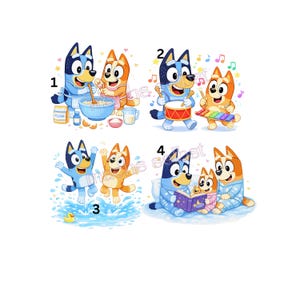 Könnte beinhalten: Ein Set aus vier Illustrationen mit zwei Zeichentrickhunden. Szene 1 zeigt sie beim Backen. Szene 2 zeigt sie beim Spielen von Trommeln und einem Xylophon. Szene 3 zeigt sie beim Planschen im Wasser mit einer Quietscheente. Szene 4 zeigt sie beim Lesen.