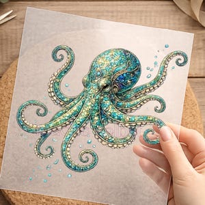 Könnte beinhalten: Detaillierte Illustration eines Oktopus mit türkisen und goldenen Akzenten. Der Oktopus ist der Mittelpunkt, mit seinen elegant gekräuselten Tentakeln. Das Design beinhaltet kleine Blasen, die ein Gefühl von Bewegung vermitteln. Das Kunstwerk befindet sich auf einer transparenten Folie.