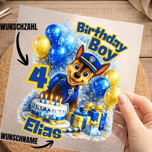 Geburtstags Chase, Paw Patrol, personalisiert, Bügelbild, einfach & schnell, KI Kunst, bügeln, Hund, Rot, Welpe, Kinder, Geschenk, Shirt