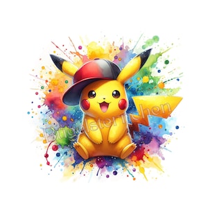Könnte beinhalten: Ein fröhlicher gelber Pikachu-Charakter mit einer rot-schwarzen Baseballkappe, vor einem Hintergrund aus lebendigen Aquarellspritzern. Das Bild enthält einen gelben Blitz und den Text "Bugelsternchen".