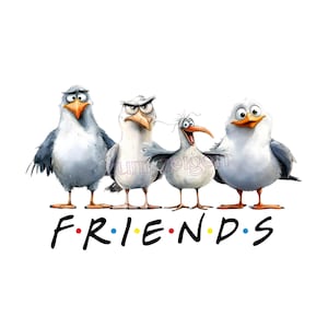 Könnte beinhalten: Grafik mit vier Cartoon-Möwen mit unterschiedlichen Gesichtsausdrücken. Die Möwen sind weiß und grau und stehen in einer Reihe. Darunter steht das Wort "FRIENDS" in einer farbenfrohen, stilisierten Schrift.