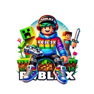 Könnte beinhalten: Eine farbenfrohe Illustration eines Charakters mit Regenbogen-Hoodie und Kopfhörern, der einen Gamecontroller hält. Das Wort "ROBLOX" ist deutlich sichtbar. Weitere Charaktere und das Wort "ROBLOX" sind ebenfalls zu sehen.