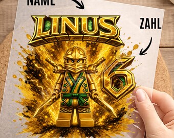 Bügelbild, Geburtstag, einfach aufbügeln, personalisiert, Kinder, Junge, Energie, Ninja, Shirt Design, Gold, Splashes, KI