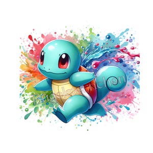 Könnte beinhalten: Cartoon-Illustration eines Squirtle-Charakters in einer dynamischen Pose, vor einem Hintergrund aus lebendigen Aquarellspritzern. Das Squirtle ist hauptsächlich hellblau mit einem gelben Bauch und roten Augen. Der Hintergrund zeigt Spritzer in Rot, Blau, Grün und Pink.