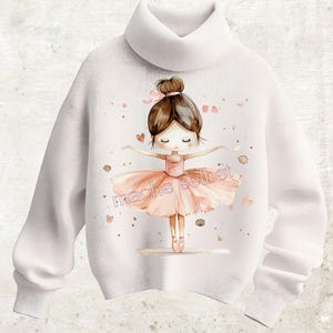 Könnte beinhalten: Weißer Rollkragenpullover mit einer Aquarellillustration einer Ballerina in einem rosa Tutu. Die Ballerina hat braune Haare und ist von kleinen Herzen und dem Text "machs selbst" umgeben. Ein niedliches und gemütliches Design.