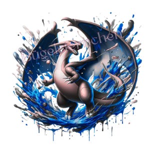 Könnte beinhalten: Digitale Illustration einer drachenartigen Kreatur mit rosa Körper, dunkelblauen Flügeln und einem Spritzer blauer und weißer Wassereffekte. Die Kreatur befindet sich in einer dynamischen Pose, umgeben von Wasser. Fantasy-Thema.