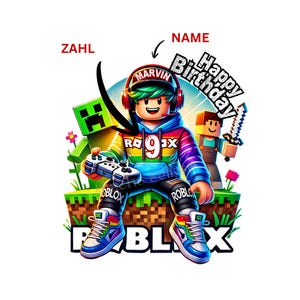 Könnte beinhalten: Ein farbenfrohes Grafikdesign mit einem Roblox-Charakter namens "Marvin", der einen Regenbogen-Hoodie mit der Nummer "9" trägt. Das Bild enthält den Text "Happy Birthday" und andere Roblox-Elemente, wie einen Minecraft-Charakter und eine pixelige Landschaft.