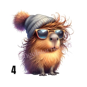 Könnte beinhalten: Eine skurrile Illustration eines pelzigen Tieres mit einer grauen Strickmütze mit braunem Bommel und Sonnenbrille. Das Tier hat braunes Fell und ist vor einem weißen Hintergrund platziert. Die Zahl 4 befindet sich in der unteren linken Ecke.