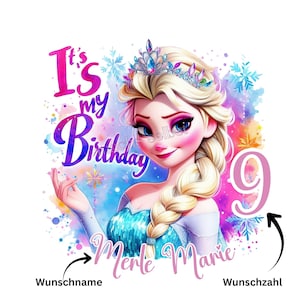 Könnte beinhalten: Eine digitale Illustration einer Prinzessin mit blonden Haaren und Tiara. Der Text "It's my Birthday" ist in Lila und Blau dargestellt. Die Zahl "9" ist ebenfalls sichtbar, zusammen mit einem Namen in Rosa.