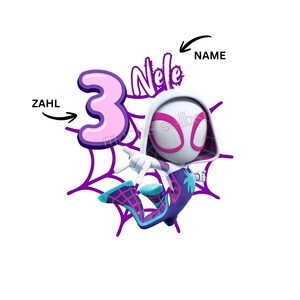 Könnte beinhalten: Ein Cartoon-Bild von Spider-Gwen mit einer weißen und rosa Maske und einem Kostüm. Die Zahl "3" in Rosa und Lila befindet sich neben der Figur, mit dem Namen "Nele" in lila Schrift darüber. Ein lila Spinnennetz-Design im Hintergrund.