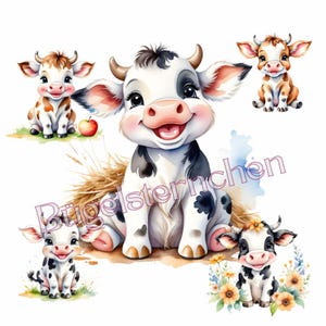 Könnte beinhalten: Fünf Aquarellillustrationen von lächelnden Cartoon-Kühen. Die Kühe haben schwarz-weiße Flecken, braun-weiße Flecken und florale Akzente. Das Bild hat einen weißen Hintergrund. Die Kühe sind in verschiedenen Posen.