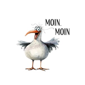 Könnte beinhalten: Eine Illustration eines weißen Cartoon-Möwen mit orangefarbenem Schnabel und Füßen, die ihre Flügel ausbreitet. Der Text "MOIN, MOIN" steht in Schwarz neben der Möwe auf weißem Hintergrund.