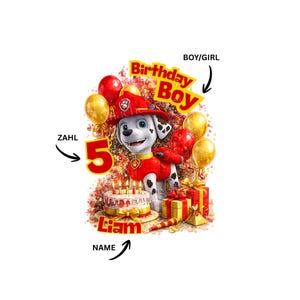 Könnte beinhalten: Eine farbenfrohe Geburtstagsgrafik mit einem Cartoon-Dalmatiner-Hund in Feuerwehruniform, umgeben von Luftballons, Geschenken und einer Torte mit Kerzen. Der Text lautet "Birthday Boy", "5" und "Liam".