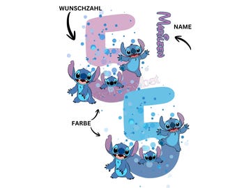 Stitch, Bügelbild, Geburtstag, personalisiert mit Name und Zahl 5, einfach & schnell aufgebügelt, KI, Kinder, Shirt Design, Party, Geschenk