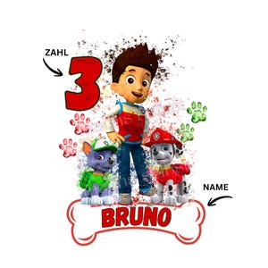 Könnte beinhalten: Ein farbenfrohes Grafikdesign mit Charakteren aus der Paw Patrol-Serie. Das Design zeigt eine große rote Zahl 3, den Namen "Bruno" auf einem knochenförmigen Element und Pfotenabdrücke. Die Charaktere tragen ihre Uniformen.