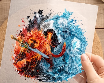 Eldrador, Bügelbild, L, einfach aufbügeln, Kinder, Junge, Löwe, Feuer, Eis, Shirt Design, Splashes, Geschenk, Mitbringsel, Geburtstag, KI