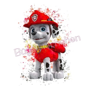 Könnte beinhalten: Aquarellartige Illustration eines Cartoon-Dalmatinerhundes in roter Feuerwehruniform und Helm. Der Hund hat schwarze Flecken, blaue Augen und ein gelbes Halsband. Der Hintergrund zeigt bunte Farbspritzer.
