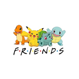 Könnte beinhalten: Eine grafische Illustration mit vier Zeichentrickfiguren: einem orangefarbenen Glumanda, einem gelben Pikachu, einem grünen Bisasam und einem hellblauen Schiggy. Unter den Figuren steht das Wort FRIENDS in Schwarz mit bunten Punkten.
