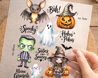 Halloween Bügelbilder-Set 16 × 24 cm – Geister, Hexe, Kürbis & Fledermaus – DTF-Transfers zum Aufbügeln-Kinder-Mädchen-Junge