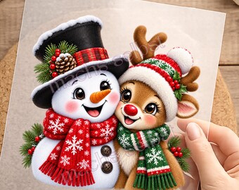 Schneemann m. Rudolph, Bügelbild, einfach aufbügeln, Weihnachten, Winter, Shirt Design, Geschenk, Kinder, Mädchen, Junge, handmade, KI