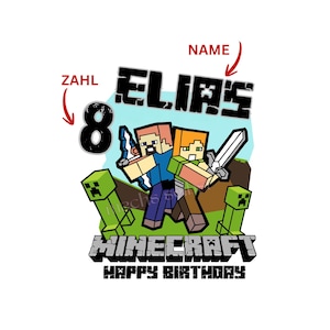 Könnte beinhalten: Ein Grafikdesign mit den Minecraft-Figuren Steve und Alex, die mit Schwertern Rücken an Rücken stehen, umgeben von zwei grünen Creepern. Der Text enthält ELIAS, 8, MINECRAFT und HAPPY BIRTHDAY, mit roten Pfeilen auf Name und Zahl.