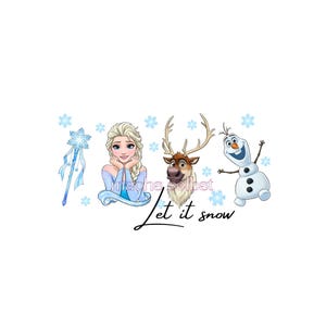 Könnte beinhalten: Grafik mit Figuren aus dem Animationsfilm Frozen, darunter Elsa, Olaf und Sven, zusammen mit einem Schneeflockenstab und dem Satz "Let it snow" in schwarzer Schrift. Das Design ist vor einem weißen Hintergrund.