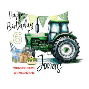 Könnte beinhalten: Aquarell-Illustration eines grünen Traktors mit dem Text "Happy Birthday" und dem Namen "Jonas". Die Zahl "6" ist ebenfalls vorhanden, zusammen mit einem Geburtstagskuchen, Geschenken und einer Partyhütchen.