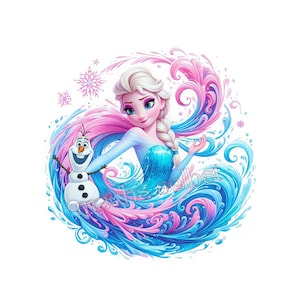 Könnte beinhalten: Eine grafische Illustration mit einer blonden Figur mit geflochtener Frisur in einem blauen Kleid, begleitet von einem kleinen weißen Schneemann. Das Design ist von wirbelnden blauen und rosa abstrakten Formen und Schneeflocken umgeben.