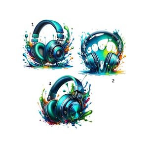 Könnte beinhalten: Drei Illustrationen von türkisfarbenen Kopfhörern mit farbenfrohen Farbspritzern. Jedes Kopfhörerdesign verfügt über ein gepolstertes Kopfband und Ohrmuscheln. Das Kunstwerk hat einen digitalen Malstil mit leuchtenden Farben und einer modernen Ästhetik.