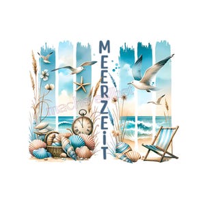 Könnte beinhalten: Aquarell-Illustration mit einer Strandszene mit Möwen, Muscheln und einer Vintage-Taschenuhr. Das Bild enthält den Text "MEERZEIT" und einen Strandstuhl, der ein Küstenmotiv hervorruft.