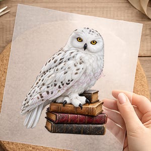 Könnte beinhalten: Eine weiße Schnee-Eule mit schwarzen Flecken und leuchtend gelben Augen, die auf einem Stapel aus drei alten Büchern sitzt. Die Eule hat scharfe schwarze Krallen und detaillierte Federn. Der Text "machs selbst" ist in Hellrosa auf dem Körper gedruckt.