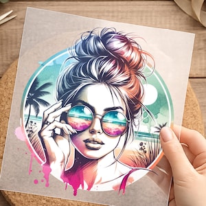 Bügelbild, Beach Girl, einfach aufbügeln, Sommer, Sonne, Meer, Strand, Urlaub, See, Sonnenbrille, Geschenk, Shirt Design, Aufbügler, Damen