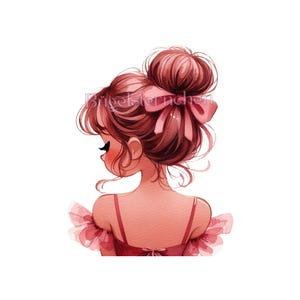 Könnte beinhalten: Aquarell-Illustration eines Mädchens von hinten, mit dunkelrotem Haar, das zu einem Dutt gebunden ist, und einer großen rosa Schleife. Sie trägt ein rosa Kleid mit Rüschen am Ausschnitt. Das Bild hat einen weichen, künstlerischen Stil.