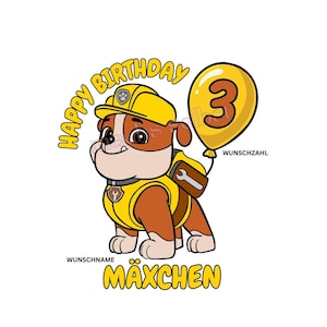 Könnte beinhalten: Cartoon-Illustration eines braun-weißen Bulldoggen, der einen gelben Bauhelm und eine Weste trägt. Das Bild enthält den Text "HAPPY BIRTHDAY" in Gelb, einen gelben Ballon mit der Zahl "3" und das Wort "MÄXCHEN" in Gelb.