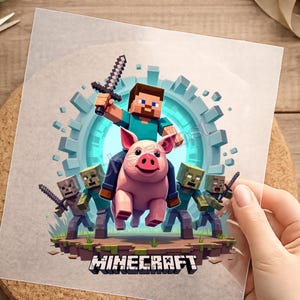 Minecraft, Bügelbild, einfach aufbügeln, Steve, Schwein, Gamer, spielen, Kinder, Junge, Jungs, zocken, bügeln, DTF, Shirt Design, KI Kunst