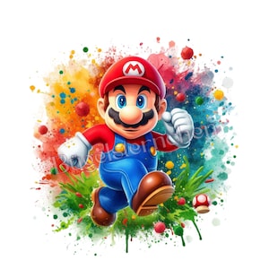 Könnte beinhalten: Eine digitale Illustration von Mario, der Videospiel-Figur, beim Laufen. Er trägt eine rote Kappe mit einem weißen 'M', ein rotes Hemd, blaue Latzhosen und braune Schuhe. Der Hintergrund zeigt bunte Farbspritzer und grünes Gras.