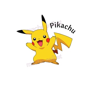 Könnte beinhalten: Eine Illustration von Pikachu, einem gelben Charakter mit schwarzen Ohrenspitzen, roten Wangen und einem Blitzschwanz. Das Wort "Pikachu" steht über der Figur. Das Bild ist vor einem weißen Hintergrund.