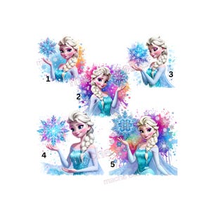 Könnte beinhalten: Fünf digitale Illustrationen einer Frau mit blonden Zöpfen, die ein blaues Kleid trägt und eine Schneeflocke hält. Jedes Bild hat einen farbenfrohen Aquarellhintergrund. Die Bilder sind von 1 bis 5 nummeriert.