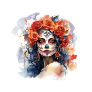 Könnte beinhalten: Aquarellillustration einer Frau mit Day of the Dead-Make-up. Sie trägt einen Blumenkranz aus roten und orangen Rosen, blaues Haar und ein dekoratives Gesichtsdesign. Der Hintergrund zeigt Aquarellwaschungen in Blau und Orange.
